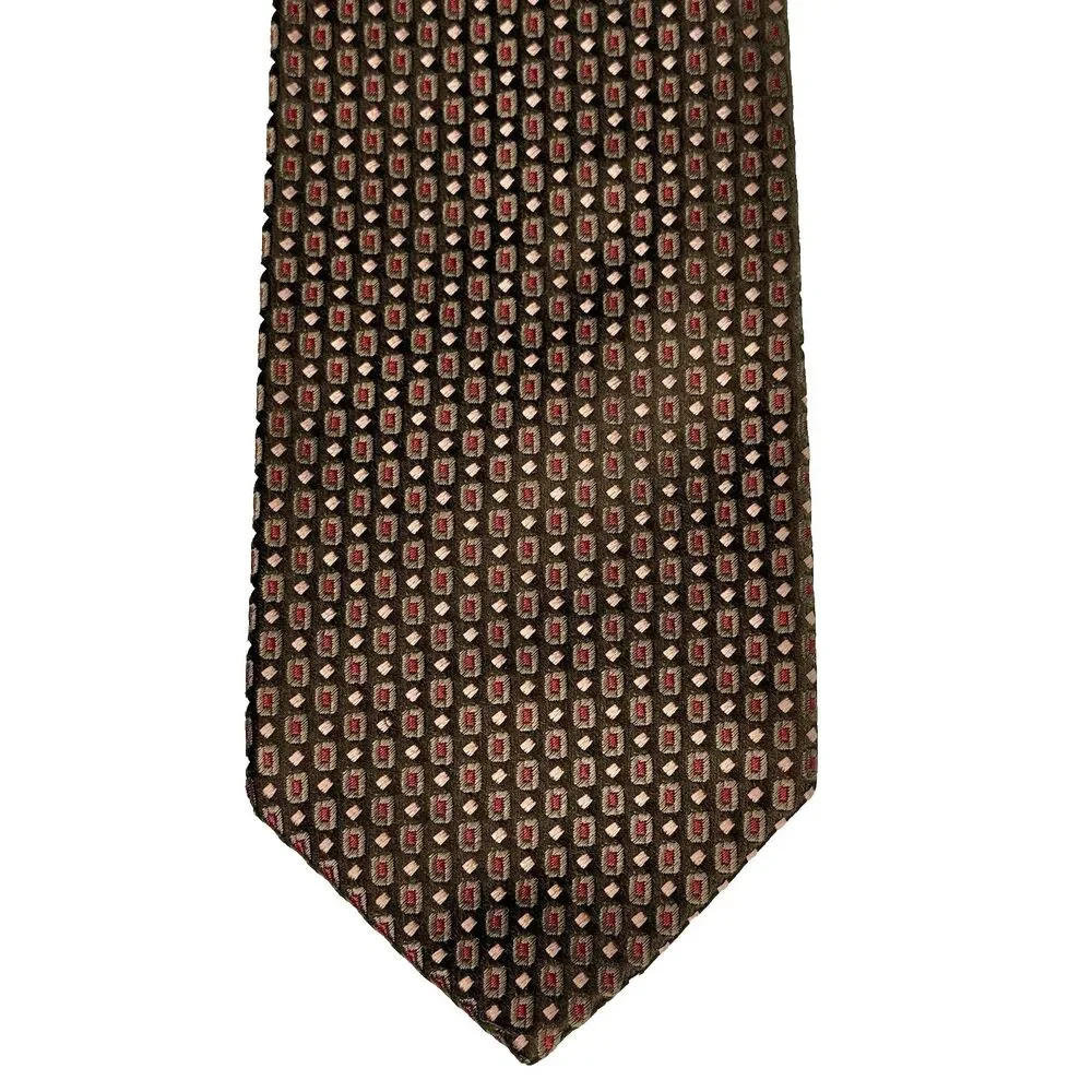 XMI COUTURE Men's Silk Tie Dark Brown Green Red Peach Geometric Texture 59